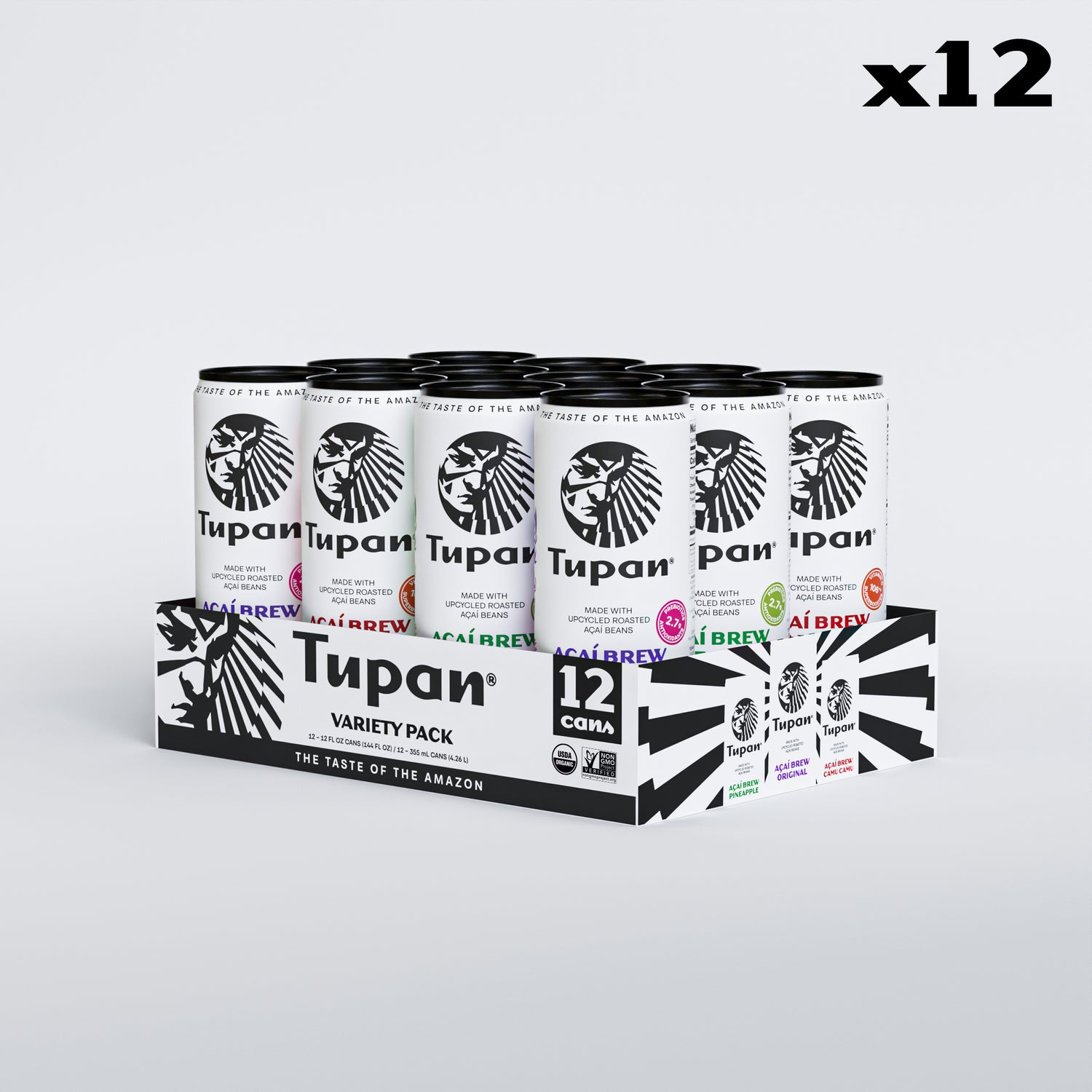 Front-facing image of Tupan Açaí Brew Variety Pack — 12 cans (4 Original, 4 Pineapple, 4 Camu Camu) displayed in a branded tray with USDA Organic and Non-GMO Project labels.