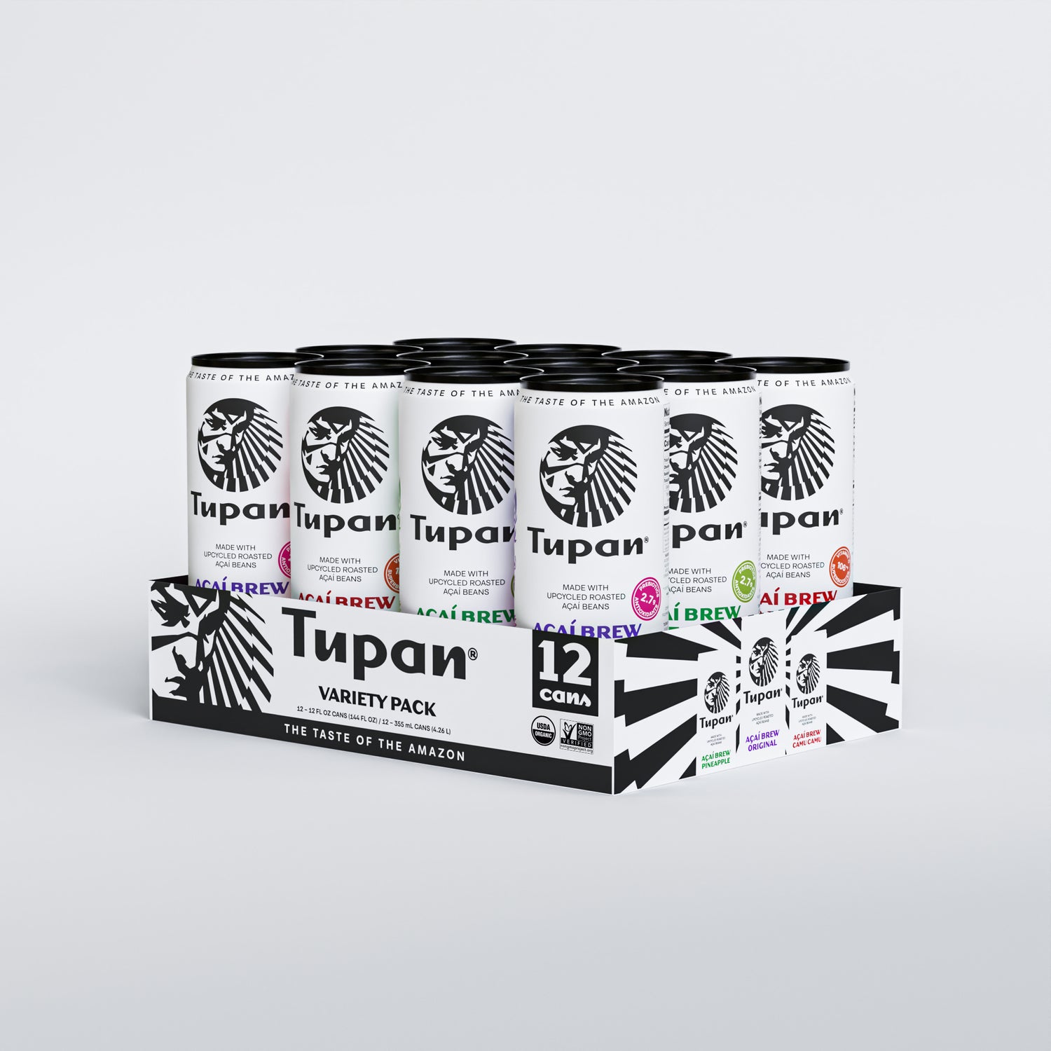 Front-facing image of Tupan Açaí Brew Variety Pack — 12 cans (4 Original, 4 Pineapple, 4 Camu Camu) displayed in a branded tray with USDA Organic and Non-GMO Project labels.