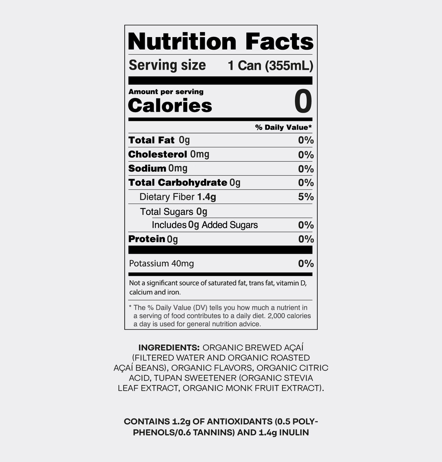 Nutrition Facts panel for Tupan Açaí Brew Original, showing 0 calories, 0 sugar, 1.4g fiber, and 1.2g antioxidants.