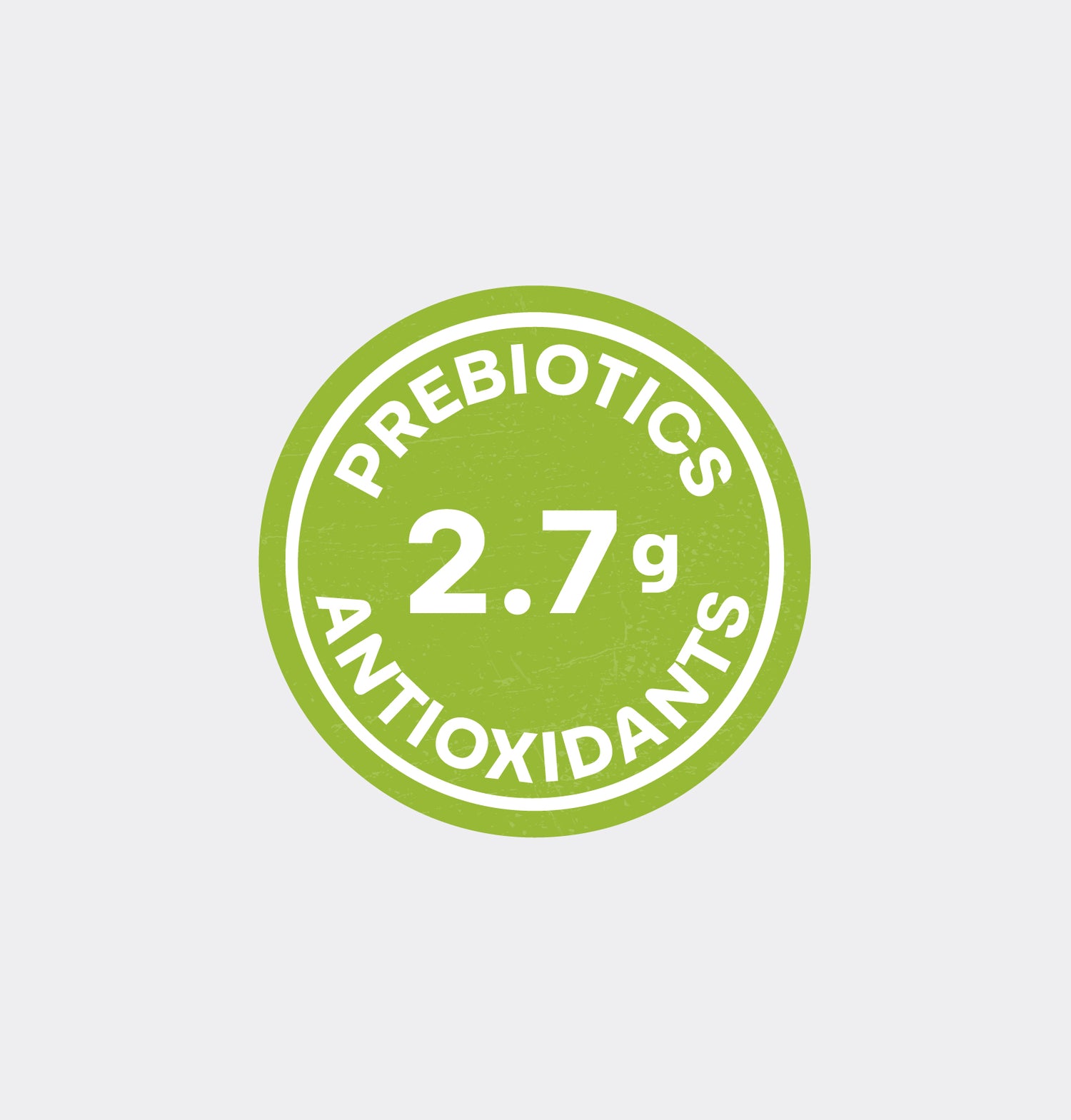Green circular badge used in Tupan Açaí Brew Pineapple featuring 2.7g of functional nutrients: prebiotics and antioxidants.