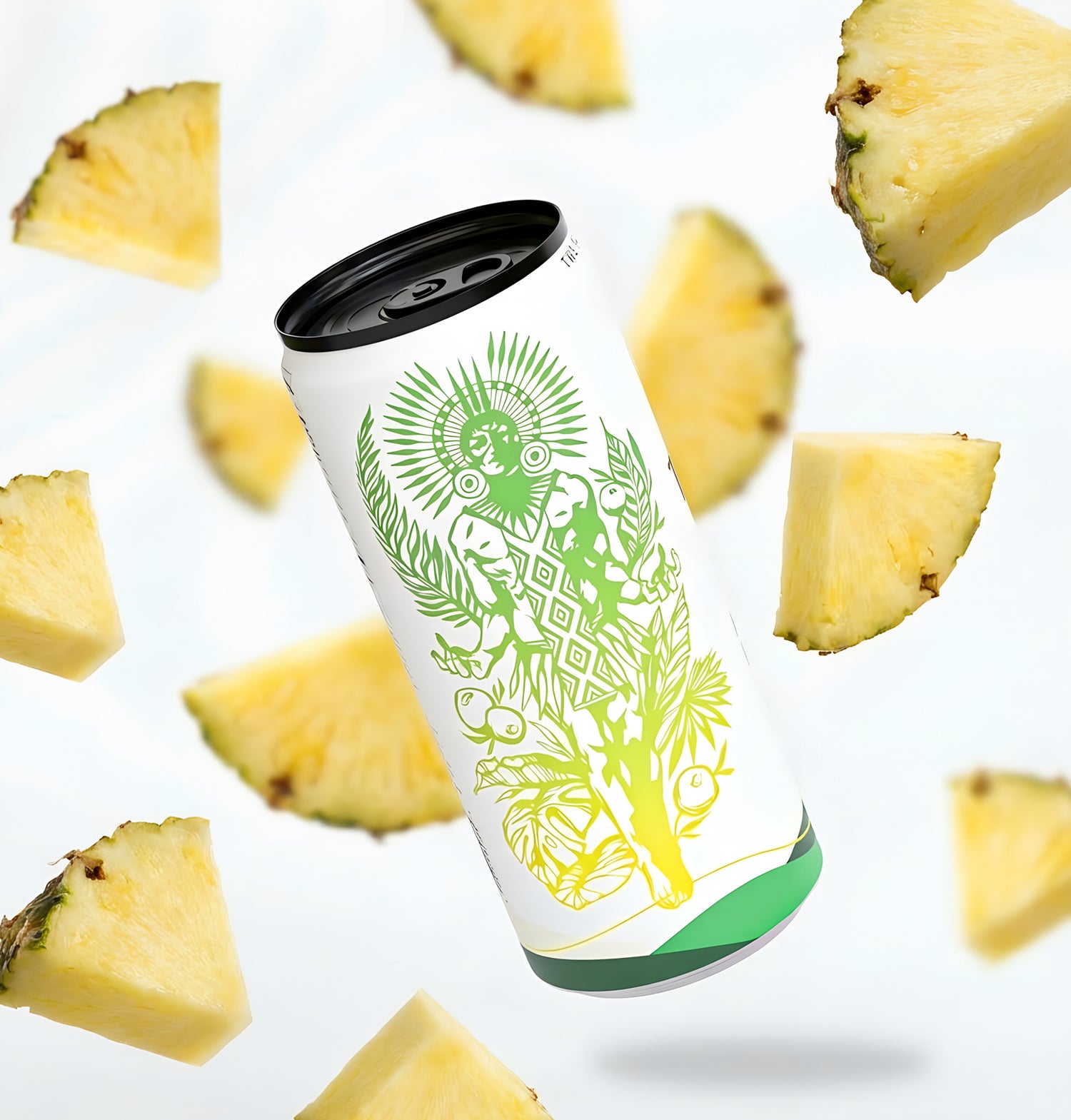 Tupan Açaí Brew Pineapple can floating on a clean white background with fresh pineapple pieces, representing a refreshing organic beverage crafted from upcycled Amazonian açaí beans and natural pineapple flavor.