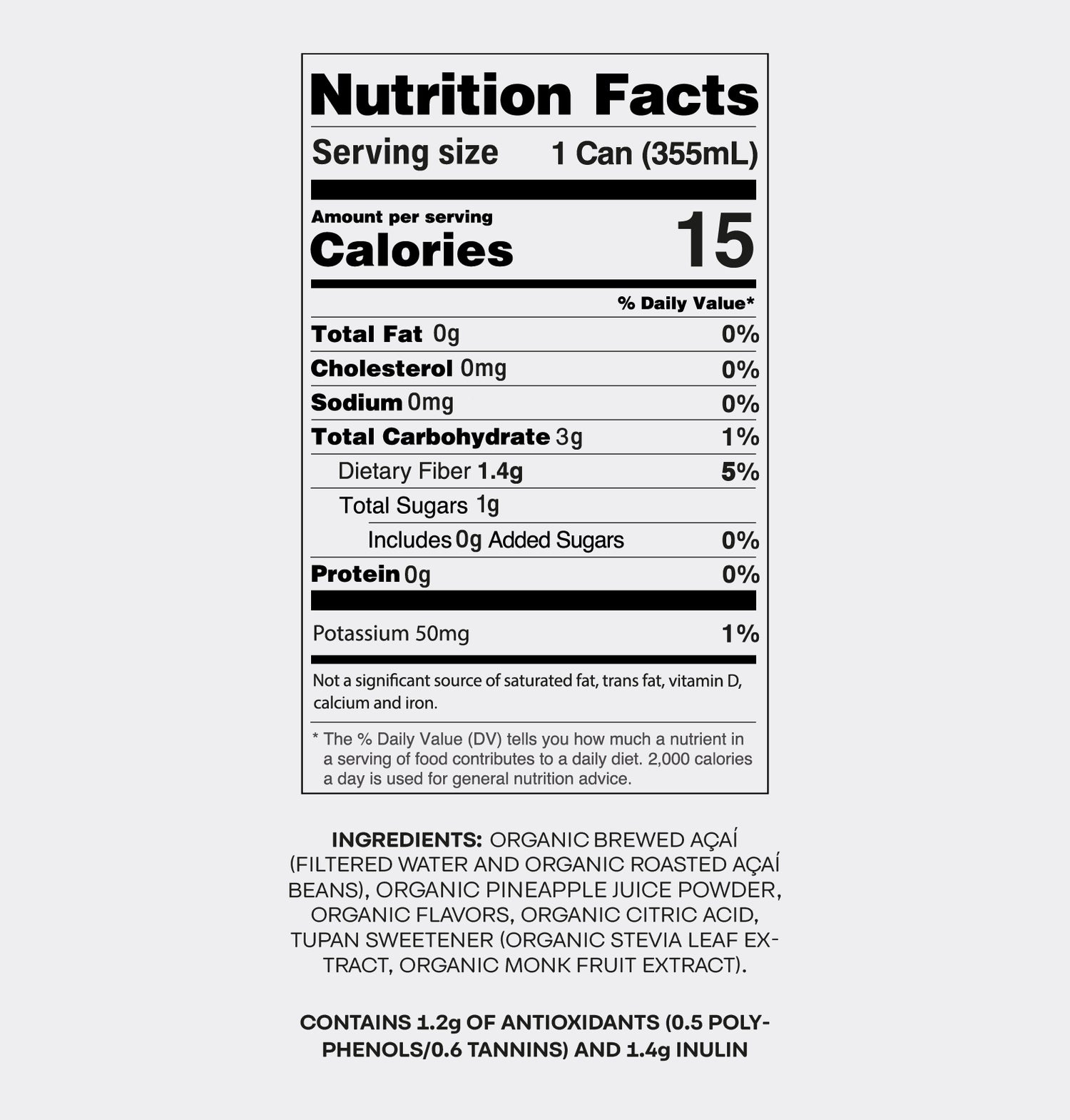 Nutrition Facts for Tupan Açaí Brew Pineapple, featuring 15 calories, 1g sugar, 1.4g fiber, and organic pineapple juice.