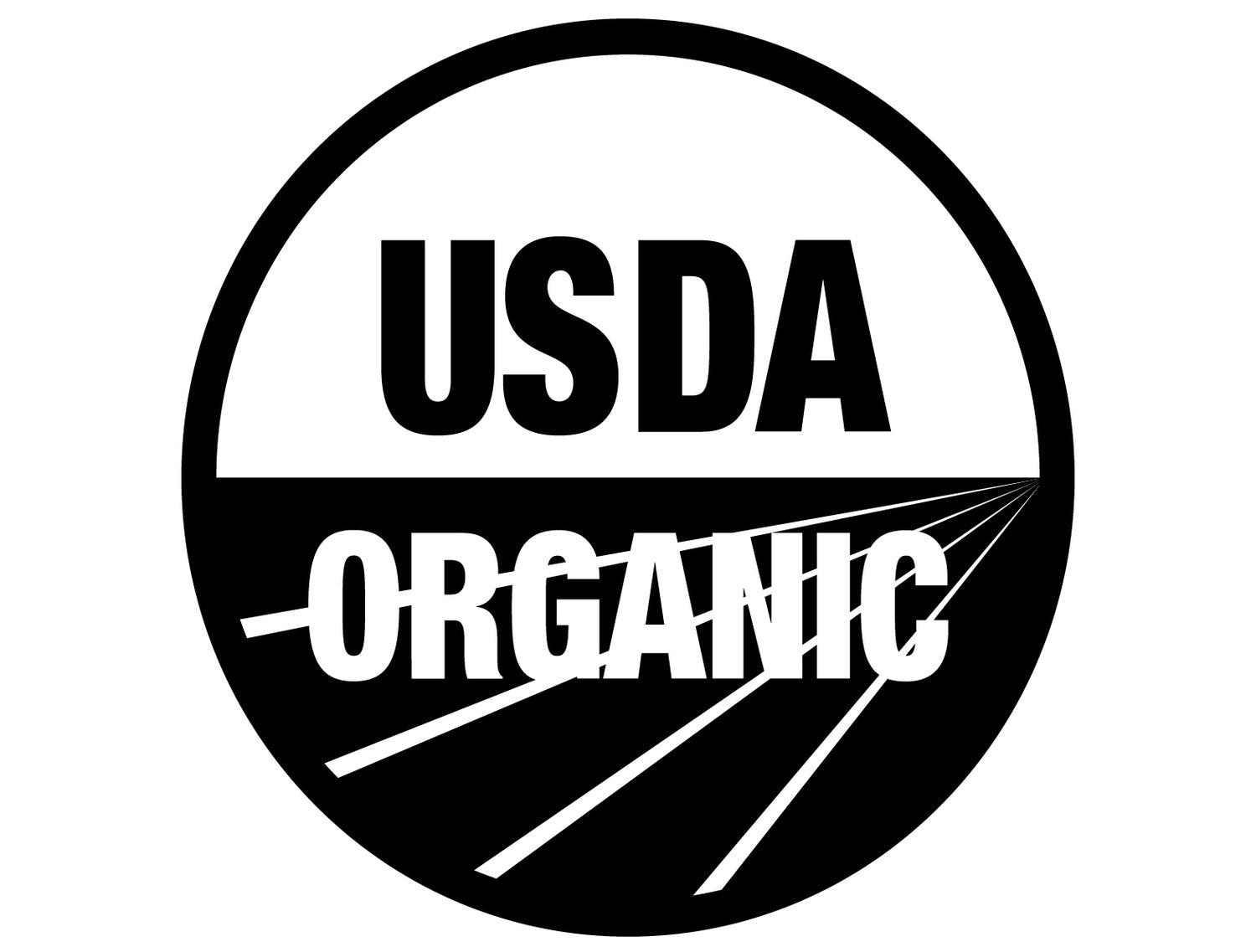 USDA Organic certification seal in black and white, featuring the bold USDA typography above a stylized farmland horizon, symbolizing certified organic agricultural practices, clean ingredients, and environmentally responsible production standards recognized globally.