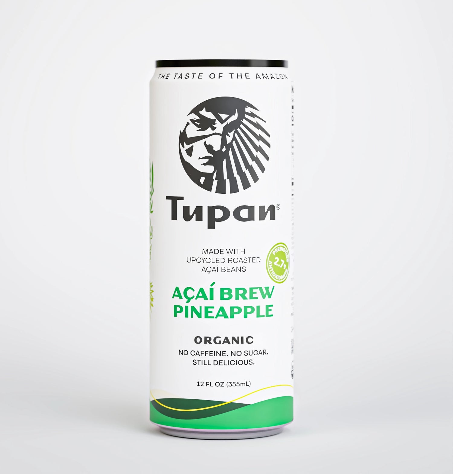 Front view of Tupan Açaí Brew Pineapple organic drink can, Amazon-sourced beverage made with upcycled roasted açaí beans, pineapple flavor, caffeine-free and sugar-free, sustainable functional drink from the Amazon rainforest.