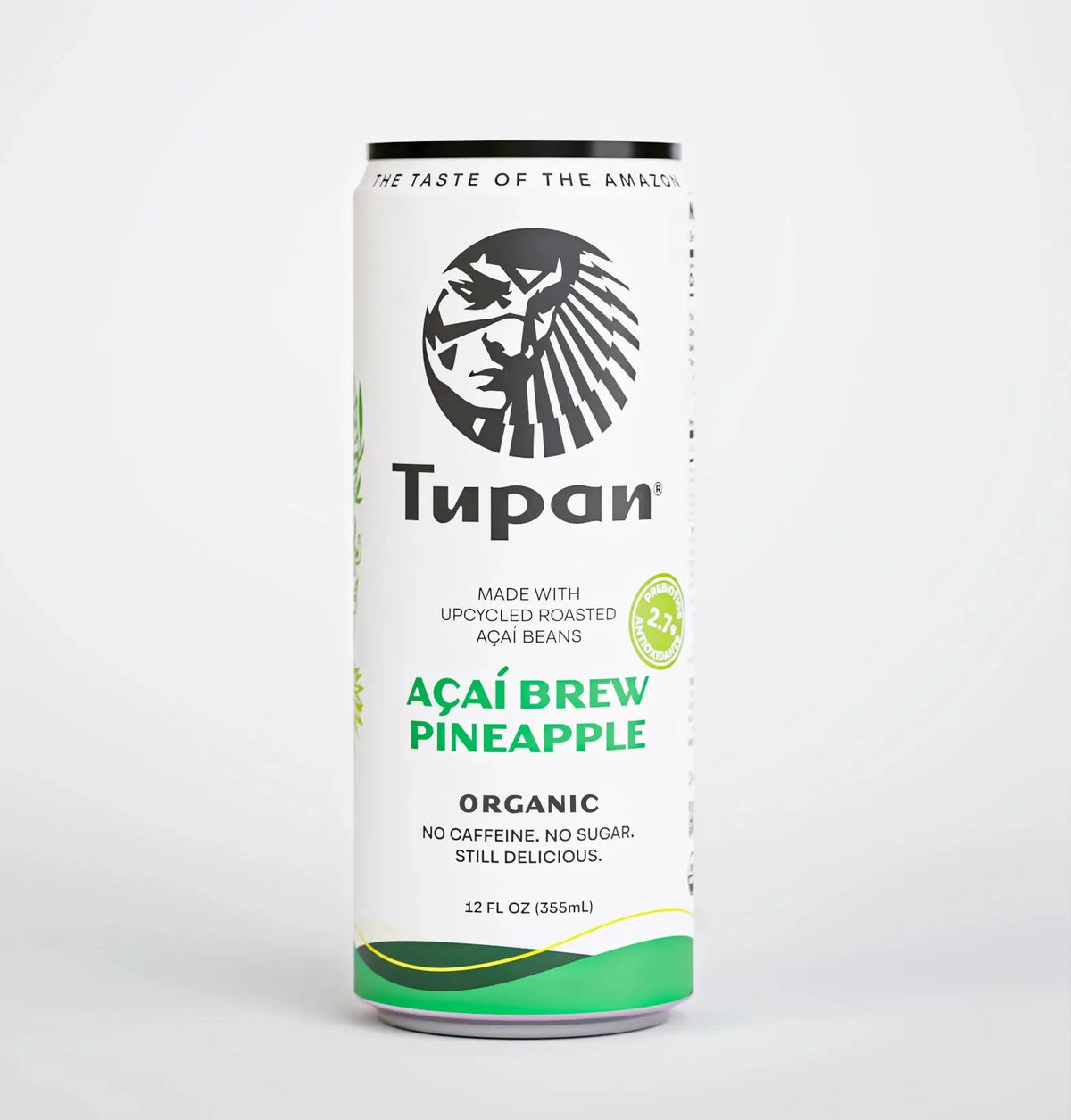 Front view of Tupan Açaí Brew Pineapple organic drink can, Amazon-sourced beverage made with upcycled roasted açaí beans, pineapple flavor, caffeine-free and sugar-free, sustainable functional drink from the Amazon rainforest.