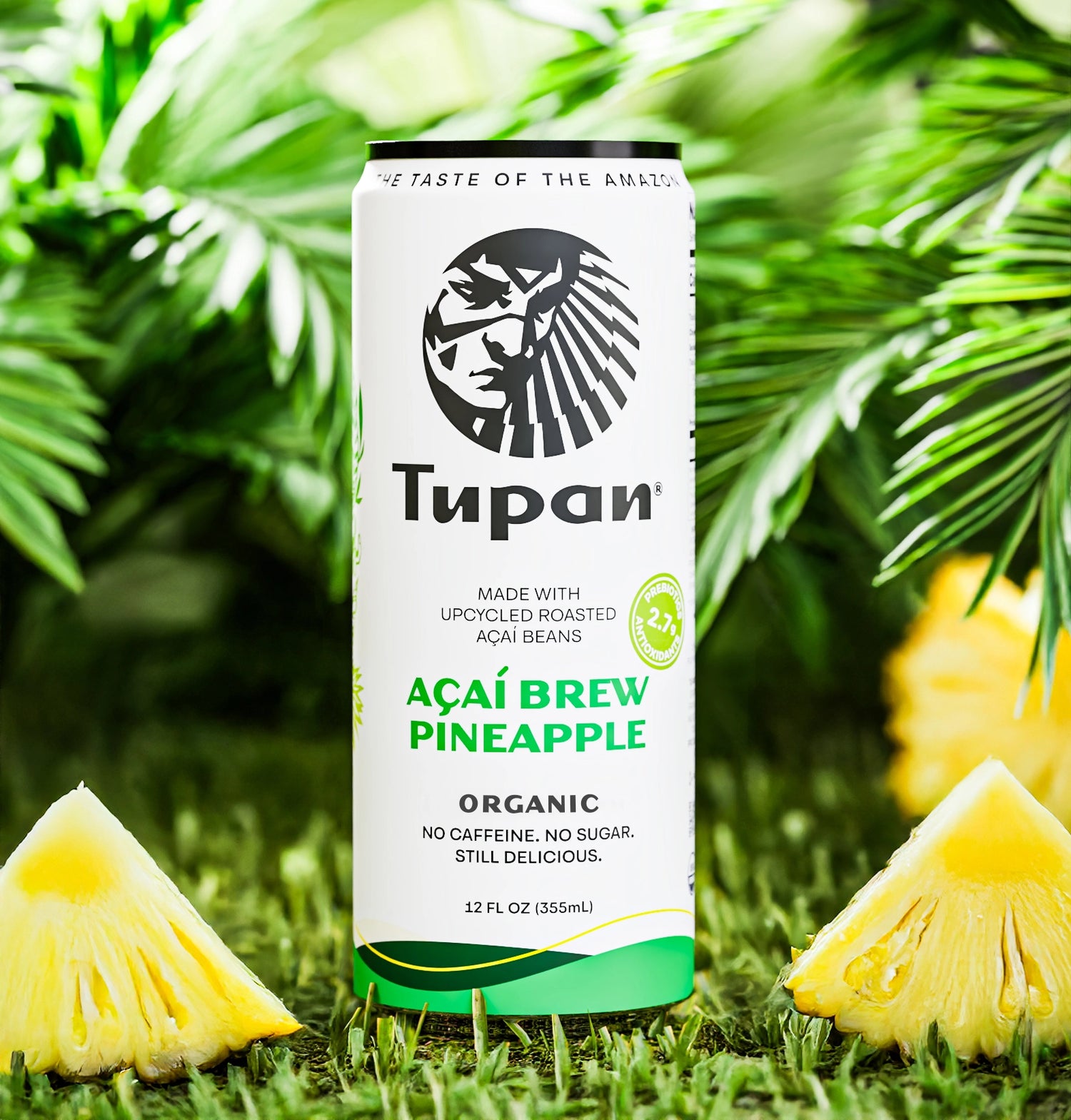 Tupan Açaí Brew Pineapple organic beverage can in an Amazon rainforest-inspired scene with fresh pineapple, made from upcycled roasted açaí beans, caffeine-free, sugar-free, sustainable Amazonian drink crafted with organic ingredients.
