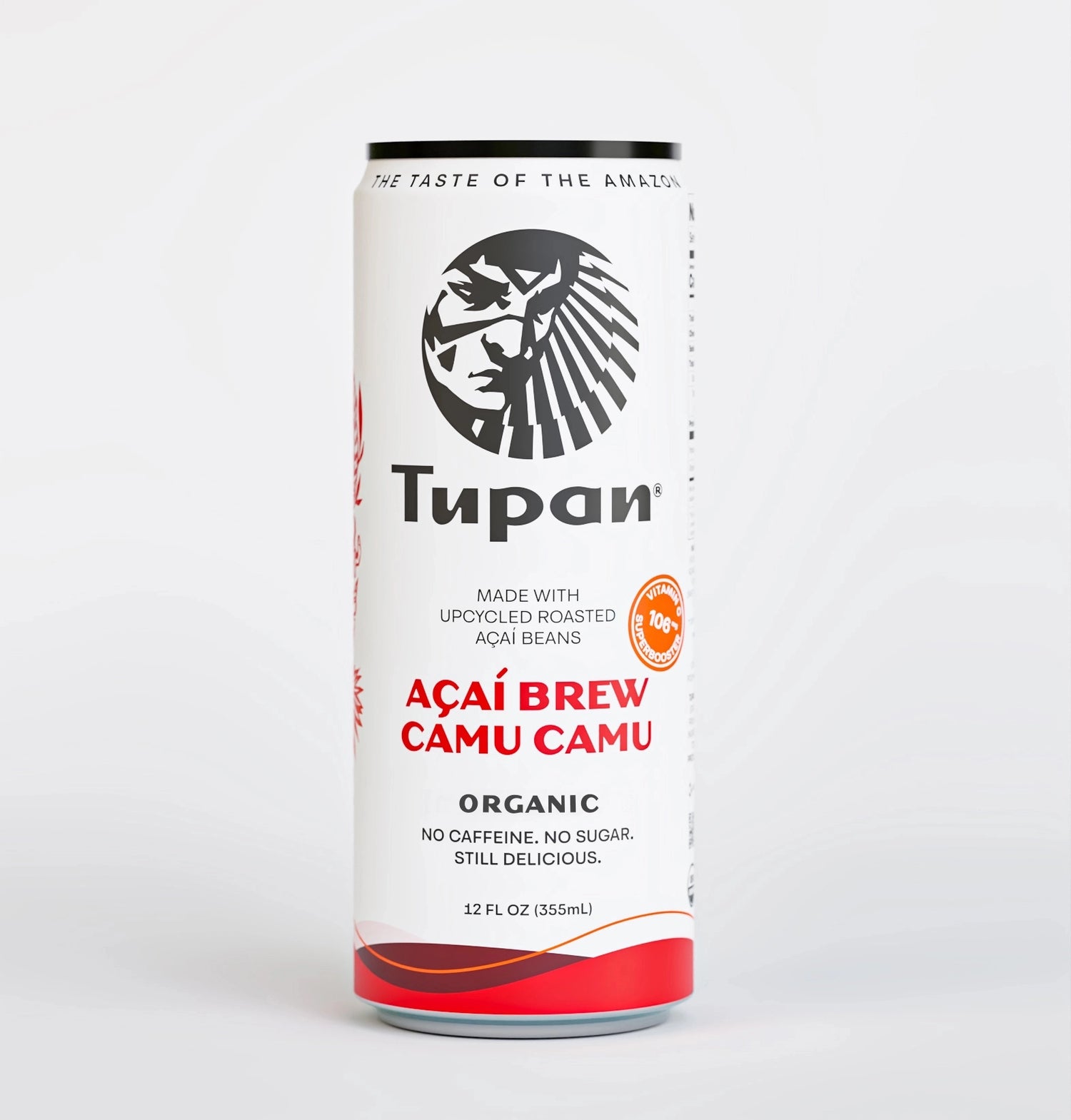 Tupan Açaí Coffee Amazon Açaí Brew Camu Camu single can on clean background, organic caffeine-free and sugar-free beverage made with upcycled roasted açaí beans and Amazon camu camu superfruit, sustainable functional drink inspired by the Amazon rainforest and circular economy innovation.