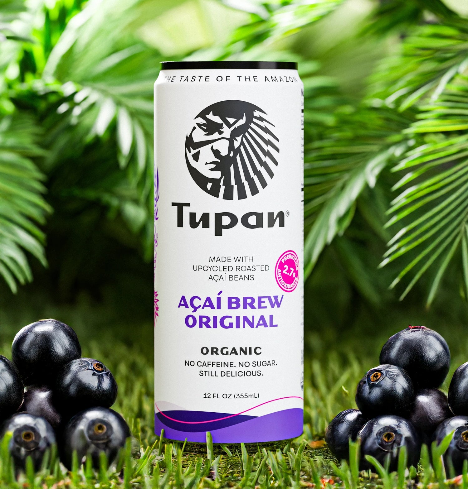 Upcycled açaí brew original by Tupan, organic Amazonian beverage made from roasted açaí beans, photographed in a lush Amazon forest setting with fresh açaí fruits, highlighting sustainability, clean ingredients, zero caffeine, zero sugar, and the taste of the Amazon rainforest.
