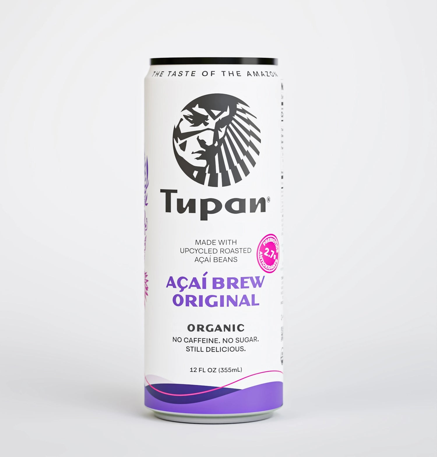 Front view packshot of Tupan Açaí Brew Original can, an organic beverage from the Amazon made with upcycled roasted açaí beans, showcasing clean label design, functional prebiotic benefits, zero caffeine, zero sugar, and sustainable Amazon sourcing.