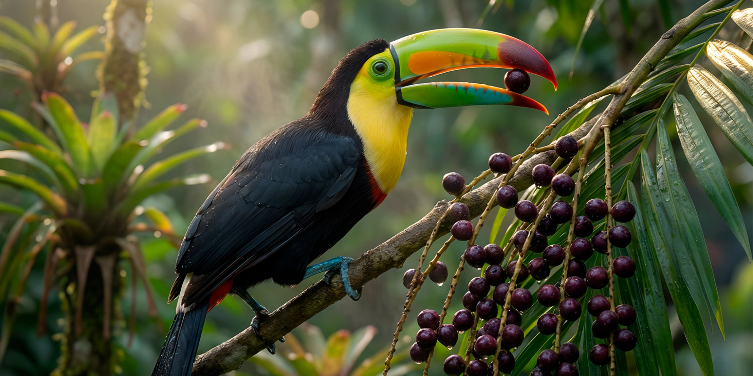 Amazon rainforest toucan perched on an açaí palm branch, holding ripe açaí fruit — symbol of Tupan Açaí Coffee, crafted from upcycled roasted açaí beans and inspired by the biodiversity, culture, and flavors of the Amazon.