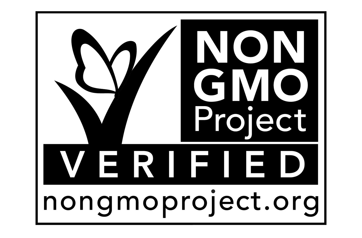 Non-GMO Project Verified seal in black and white, showcasing the iconic butterfly on a plant stem alongside the NON GMO Project text block, representing strict third-party verification that the product contains no genetically modified organisms and meets the highest transparency and purity standards.