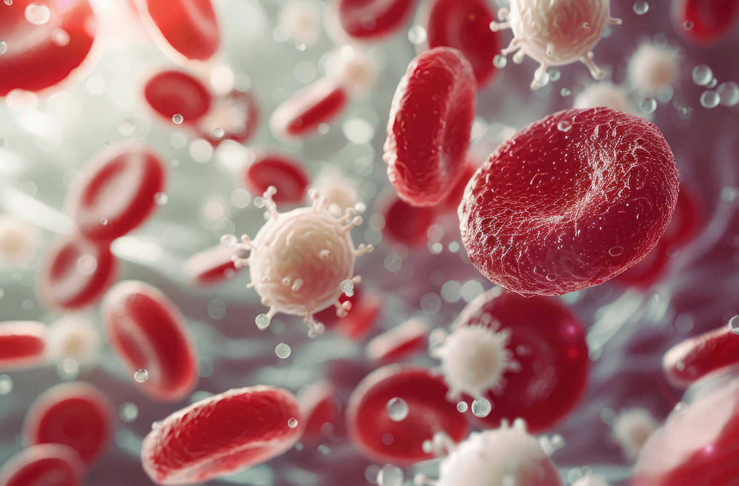 Close-up of red blood cells and white blood cells flowing through the bloodstream, representing the immune-boosting and antioxidant benefits of Tupan Açaí Coffee.