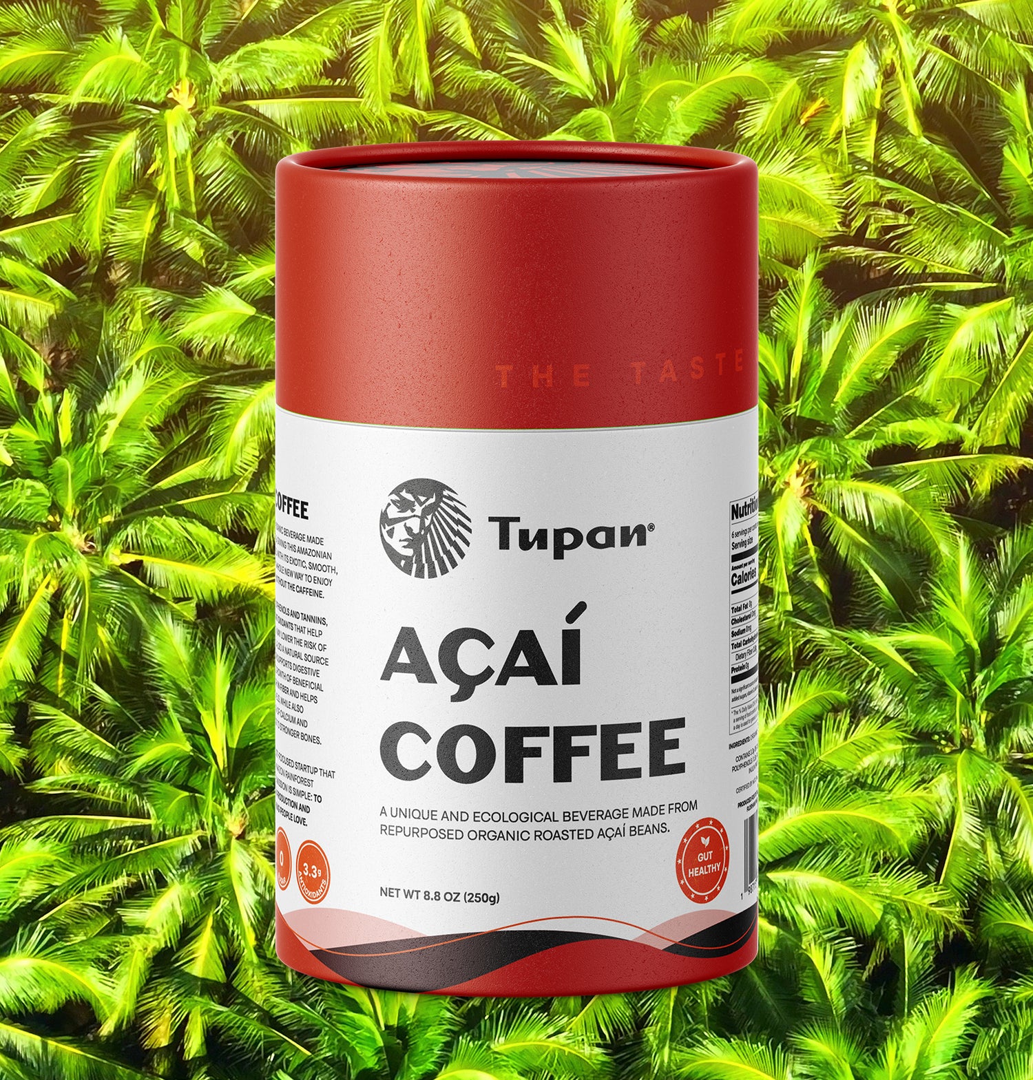 Tupan Açaí Coffee tube 250g placed against lush Amazon rainforest leaves – sustainable coffee alternative made from roasted açaí beans.