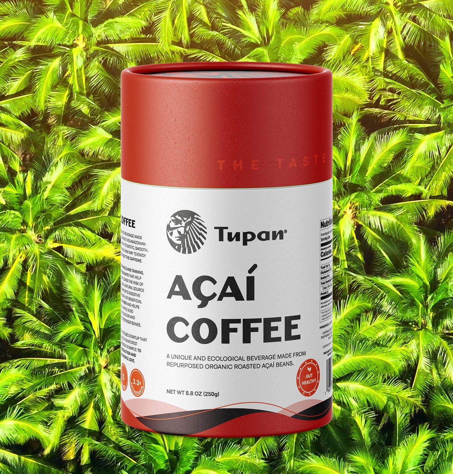 Tupan Açaí Coffee tube 250g placed against lush Amazon rainforest leaves – sustainable coffee alternative made from roasted açaí beans.