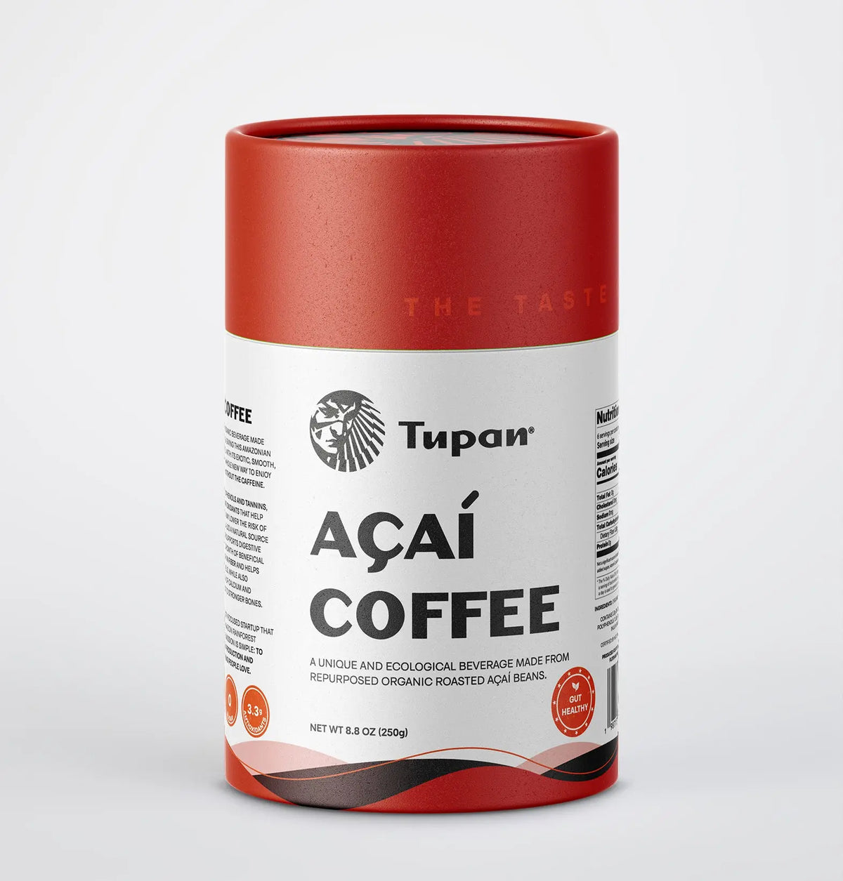 Tupan Açaí Coffee tube 250g on clean white background – organic, upcycled beverage from roasted açaí beans.