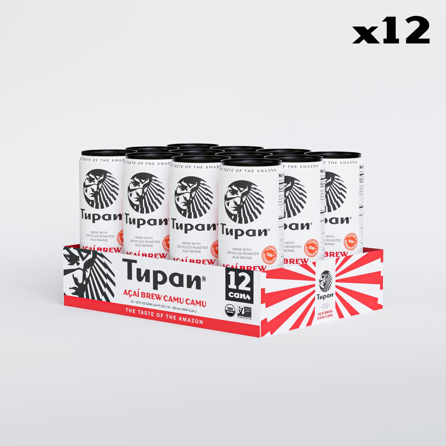 Tupan Açaí Brew Camu Camu 12-pack display featuring vibrant red Amazonian artwork and vitamin C superbooster formula.