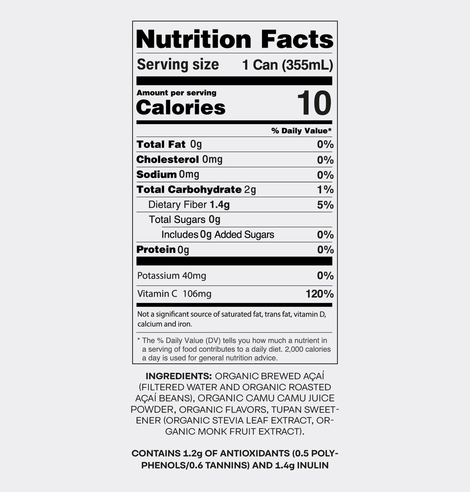 Nutrition Facts panel for Tupan Açaí Brew Camu Camu, highlighting 10 calories, 106mg vitamin C, and antioxidant content.
