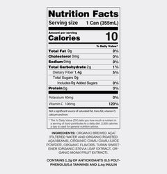 Nutrition Facts panel for Tupan Açaí Brew Camu Camu, highlighting 10 calories, 106mg vitamin C, and antioxidant content.