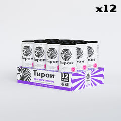 Front view of the 12-can retail pack of Tupan Açaí Brew Original, highlighting the bold Amazonian design and upcycled açaí bean origin.