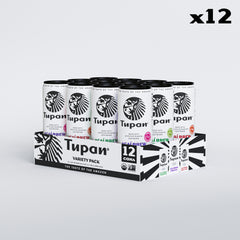 Front-facing image of Tupan Açaí Brew Variety Pack — 12 cans (4 Original, 4 Pineapple, 4 Camu Camu) displayed in a branded tray with USDA Organic and Non-GMO Project labels.