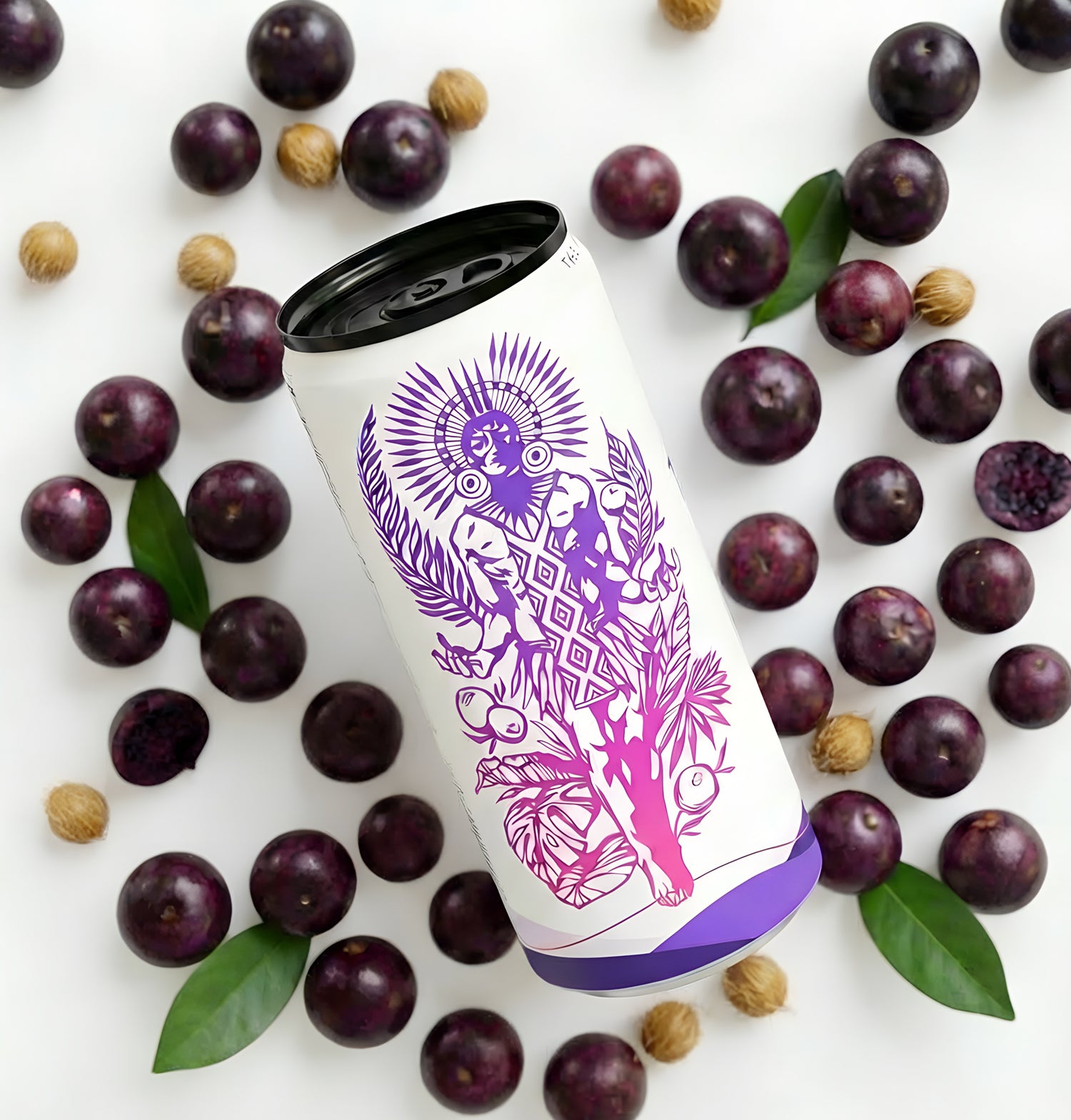 Tupan Açaí Brew Original can floating on a clean white background, surrounded by fresh Amazonian açaí beans, natural açaí pits and green leaves, highlighting a clean, caffeine-free, organic beverage made from upcycled açaí beans.