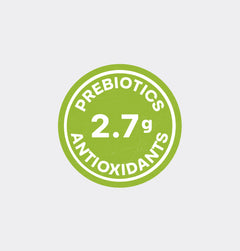Green circular badge used in Tupan Açaí Brew Pineapple featuring 2.7g of functional nutrients: prebiotics and antioxidants.