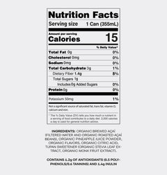 Nutrition Facts for Tupan Açaí Brew Pineapple, featuring 15 calories, 1g sugar, 1.4g fiber, and organic pineapple juice.