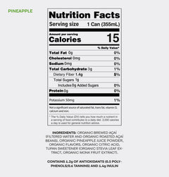 Nutrition Facts panel of Tupan Açaí Brew Pineapple from the variety pack with 15 calories, 1g sugar, 1.4g fiber, and 1.2g antioxidants per 355ml serving.
