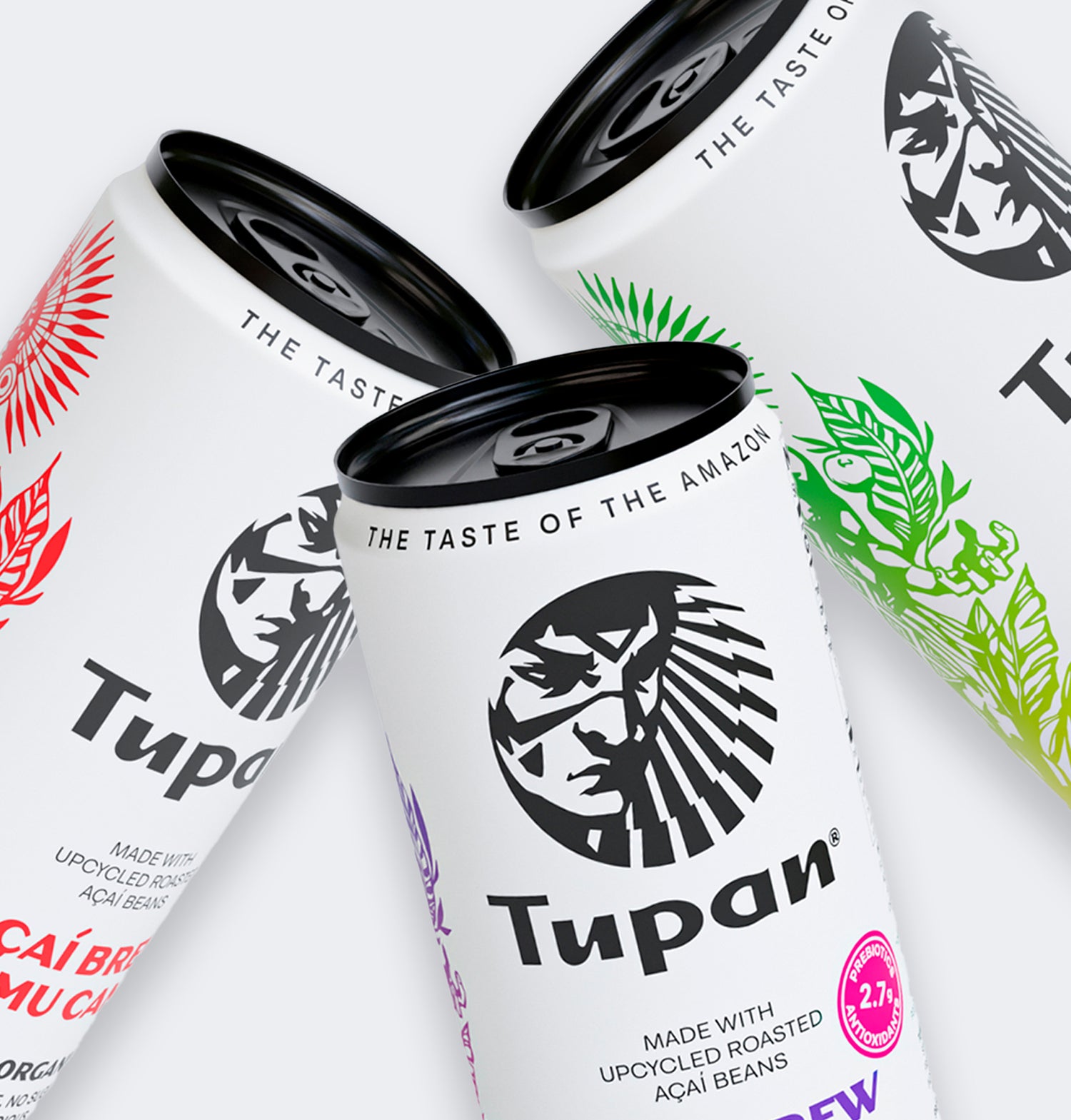 Floating image of Tupan Açaí Brews Variety Pack — showcasing Original, Pineapple, and Camu Camu cans in a dynamic, premium layout with Amazon-inspired design.
