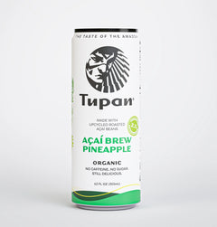 Front view of Tupan Açaí Brew Pineapple organic drink can, Amazon-sourced beverage made with upcycled roasted açaí beans, pineapple flavor, caffeine-free and sugar-free, sustainable functional drink from the Amazon rainforest.