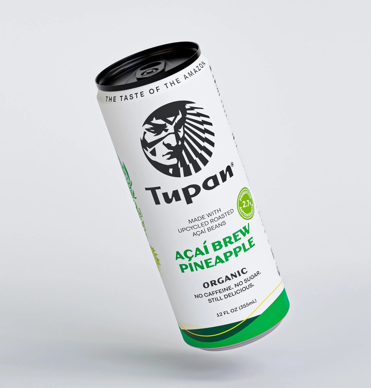 Floating can of Tupan Açaí Brew Pineapple, organic Amazonian beverage made from upcycled roasted açaí beans, tropical pineapple flavor, no caffeine, no sugar, clean label sustainable drink from the Amazon.