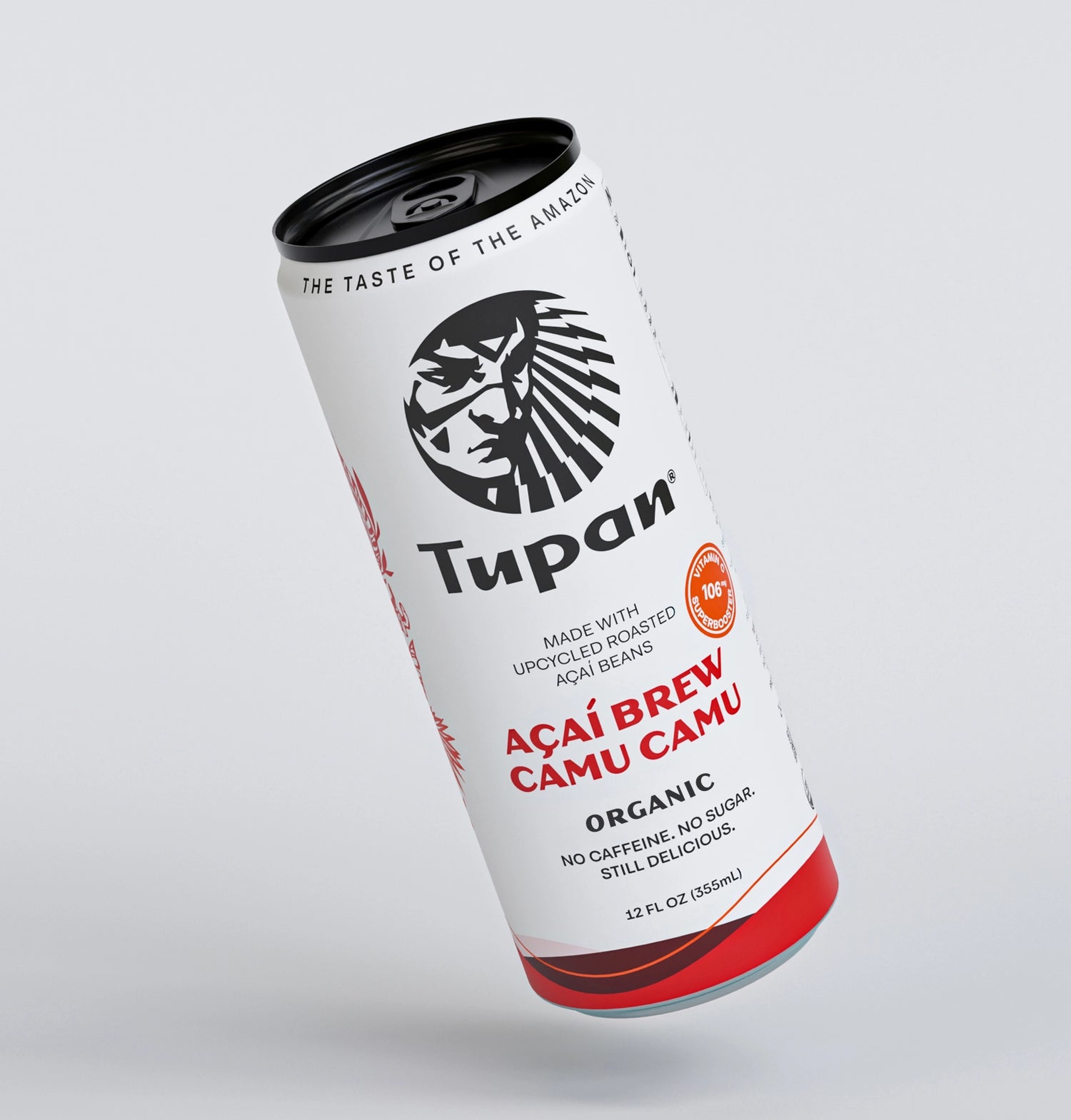 Floating Tupan Açaí Coffee Amazon can – Açaí Brew Camu Camu organic beverage crafted from upcycled roasted açaí beans and Amazonian camu camu, high vitamin C superfruit drink with no caffeine and no sugar, clean label functional beverage designed for premium Amazon-inspired sustainable brands.