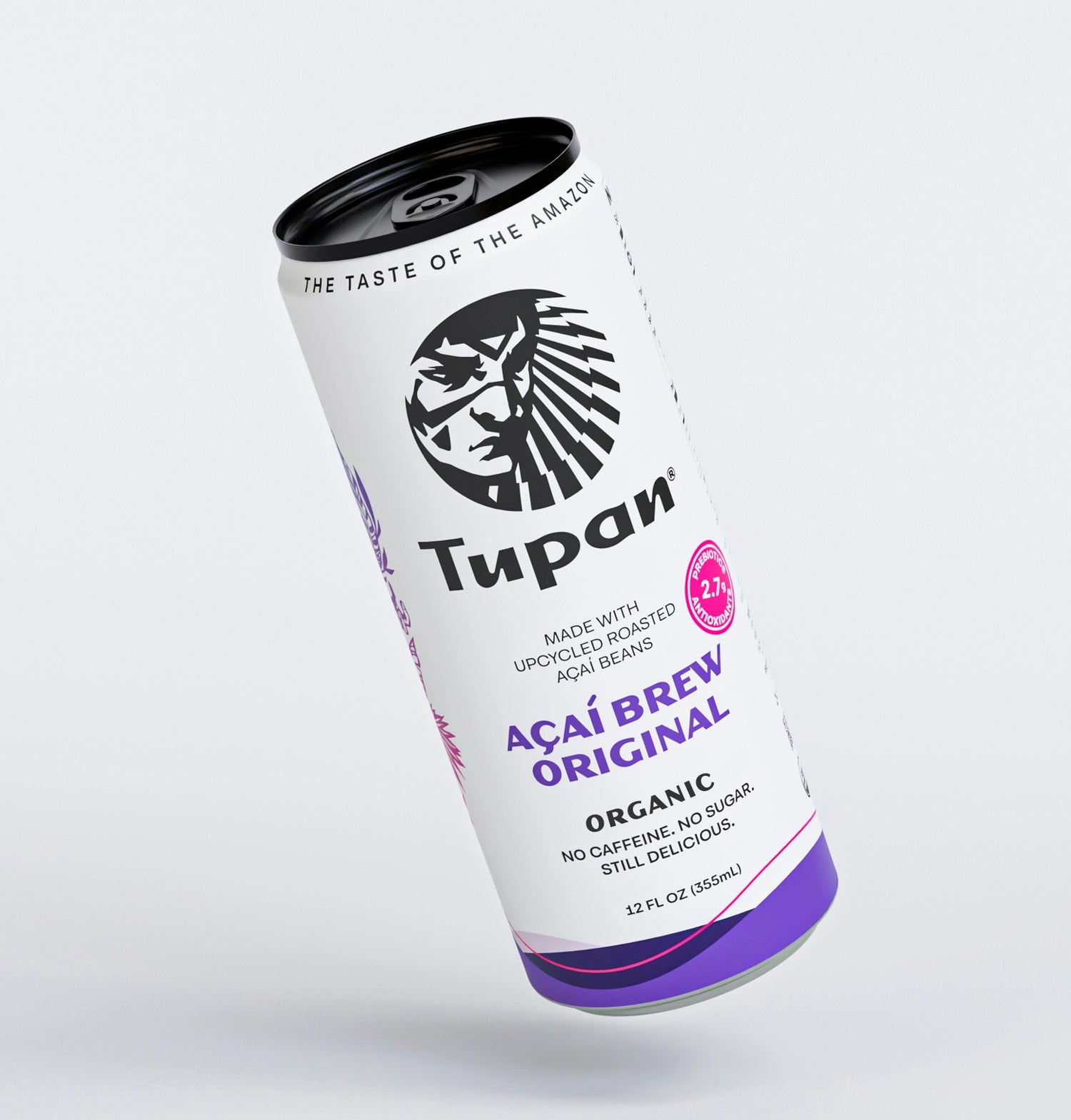 Premium floating can of Tupan Açaí Brew Original, an organic Amazon beverage crafted from upcycled roasted açaí beans, featuring minimalist design, clean white background, zero caffeine, zero sugar, and a sustainable Amazonian product concept.