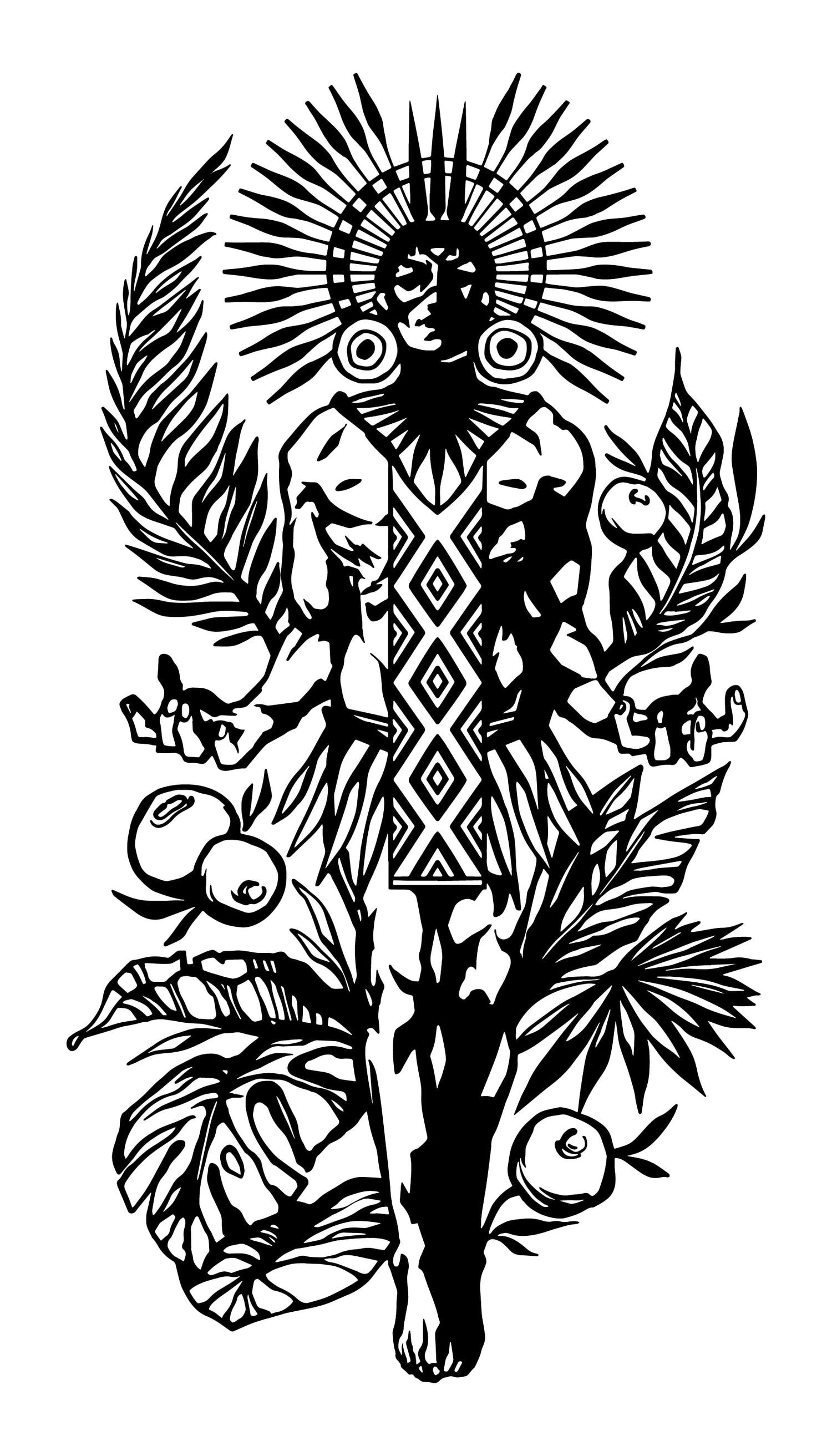 Illustration of an Amazonian spiritual warrior representing Tupan Beverages, surrounded by açaí beans, palm leaves, and rainforest plants, symbolizing organic energy, sustainability, and ancestral roots. Artistic black and white tribal design evoking the power of the forest, indigenous heritage, and the natural strength behind Tupan Açaí Coffee and upcycled açaí beans beverages.
