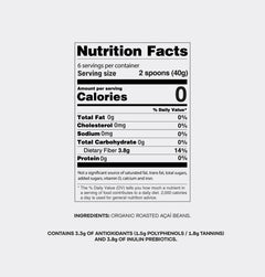 Nutrition Facts for Tupan Açaí Coffee, with 0 calories, 3.8g of dietary fiber, and 3.3g of antioxidants per serving.